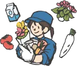 食品や花などを両手に抱えた人物のイラスト